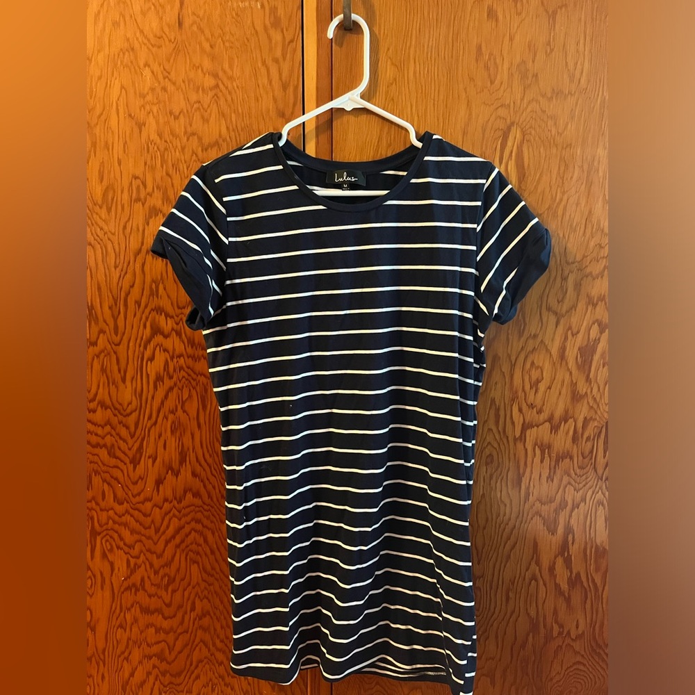Lulu’s Cafe Society Navy Blue Striped Shirt Dress in Medium